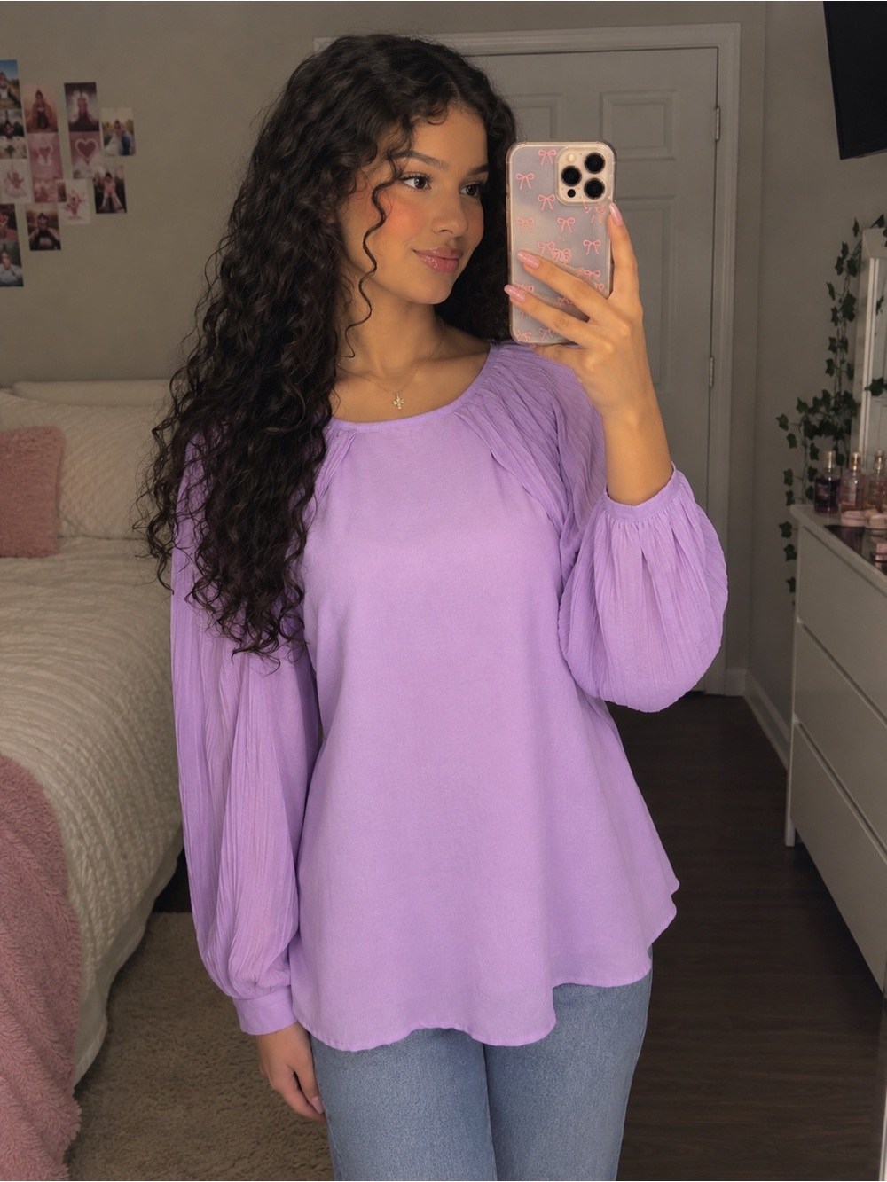 Zara Lavender Pleated Raglan-Sleeve Blouse